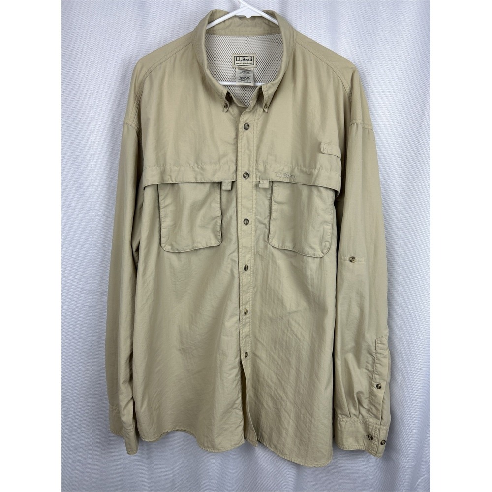 LL Bean Mens Button Down Shirt Fishing Long Sleeve Tan Button Hiking Outdoor XXL